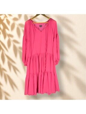 Boohoo Dress Women 4 Pink Shift Midi V-Neck Tasseled Long Sleeve Lined Casual